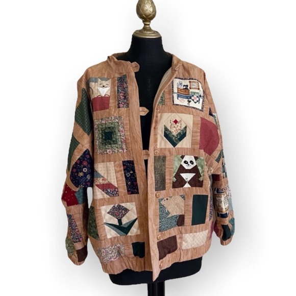 Jackets & Blazers - Quilted Animal Patchwork Lined Blazer Jacket Brown Red Green Medium